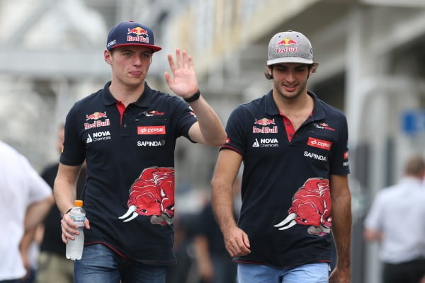 Max Verstappen (NDL) Scuderia Toro Rosso and Carlos Sainz jr (ESP) Scuderia Toro Rosso at Formula One World Championship, Rd18, Brazilian Grand Prix, Practice, Interlagos, Sao Paulo, Brazil, Friday 13 November 2015.