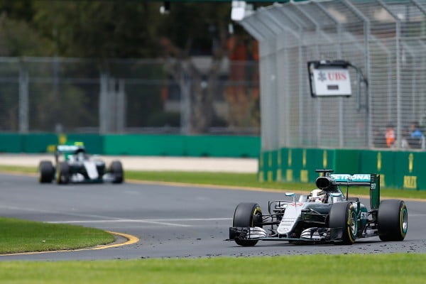 Formula One World Championship 2016, Round 1, Australian Grand Prix, Melbourne, Australia, Saturday 19 March 2016 - Lewis Hamilton (GBR) Mercedes AMG F1 W07 Hybrid leads team mate Nico Rosberg (GER) Mercedes AMG F1 W07 Hybrid.