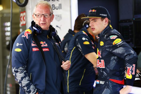 Formula One World Championship 2016, Round 10, British Grand Prix, Silverstone, England, Saturday 9 July 2016 - L to R): Dr Helmut Marko (AUT) Red Bull Motorsport Consultant with Max Verstappen (NLD) Red Bull Racing.