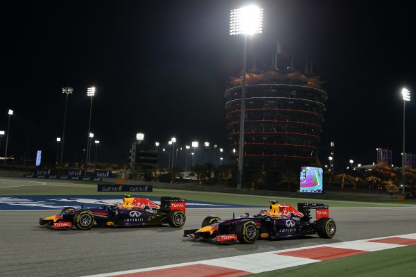 www.sutton-images.com Daniel Ricciardo (AUS) Red Bull Racing RB10 and Sebastian Vettel (GER) Red Bull Racing RB10. Formula One World Championship, Rd3, Bahrain Grand Prix, Race, Bahrain International Circuit, Sakhir, Bahrain, Sunday 6 April 2014.